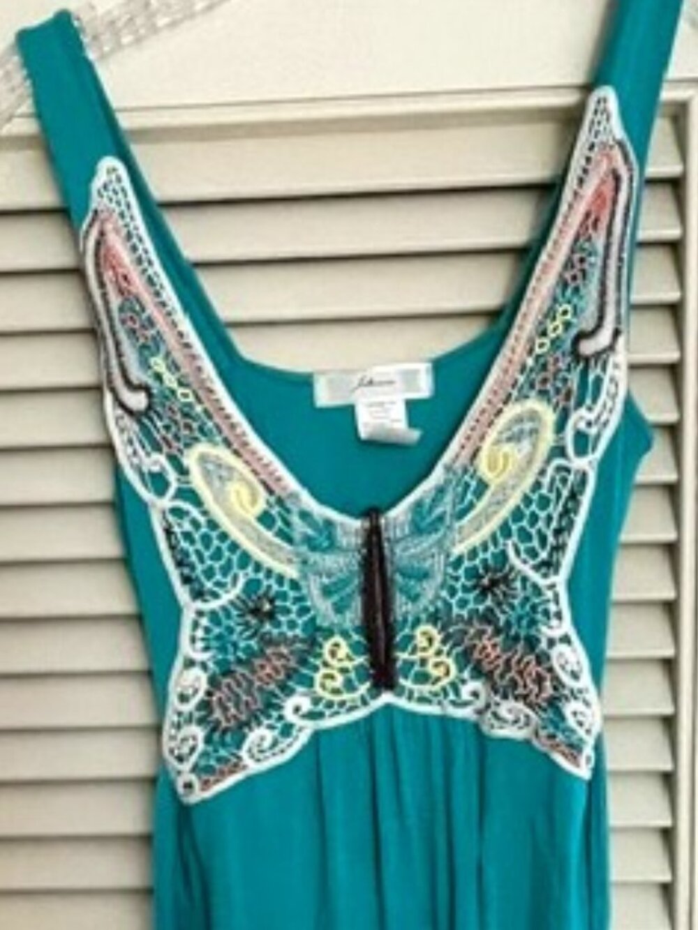 Long, loose, flowy tank with crocheted butterfly, boho, bright teal, summery